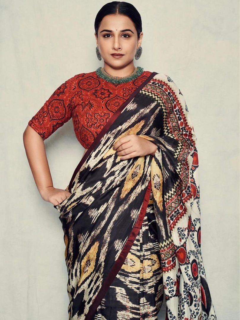Vidya Balan looks regal in a black Ikat saree for “Sherni” promotions! Sarees