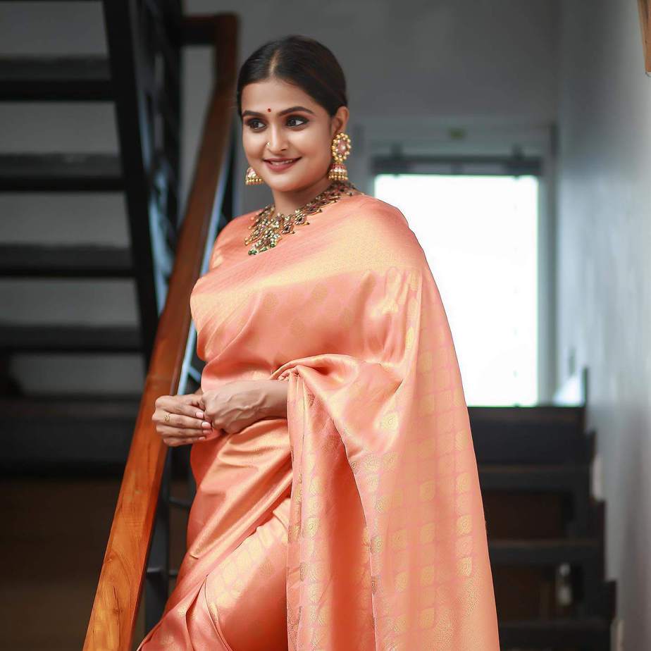 Ramya Nambessan in peach pattu saree by Devraagh 2 Ramya Nambessan in peach pattu saree by Devraagh-2