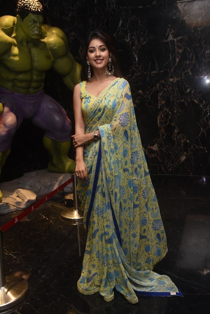 Anu Immanuel in a yellow printed saree for Mahasamudram trailer launch Anu Immanuel in a yellow printed saree for _Mahasamudram_ trailer launch