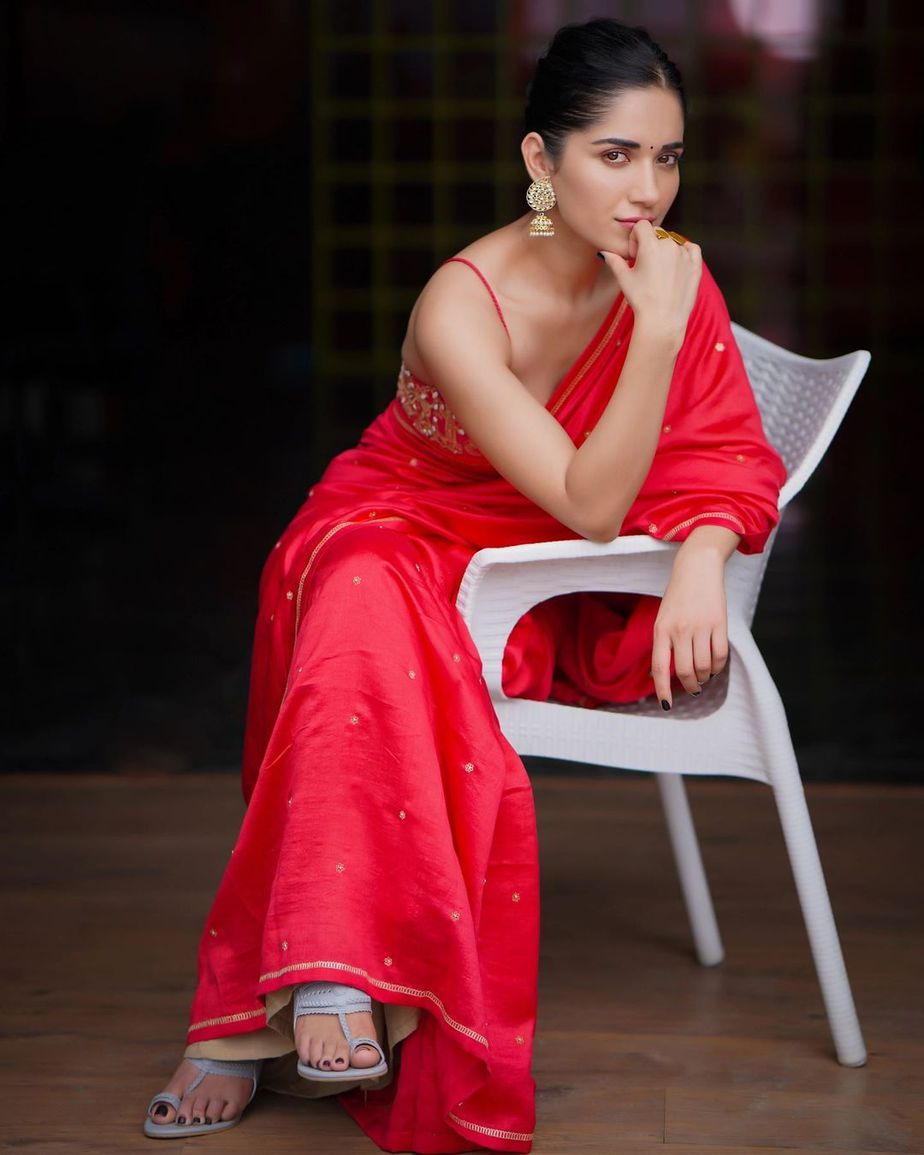 Ruhani Sharma in a red saree by Deepthee 1 Ruhani Sharma in a red saree by Deepthee-1