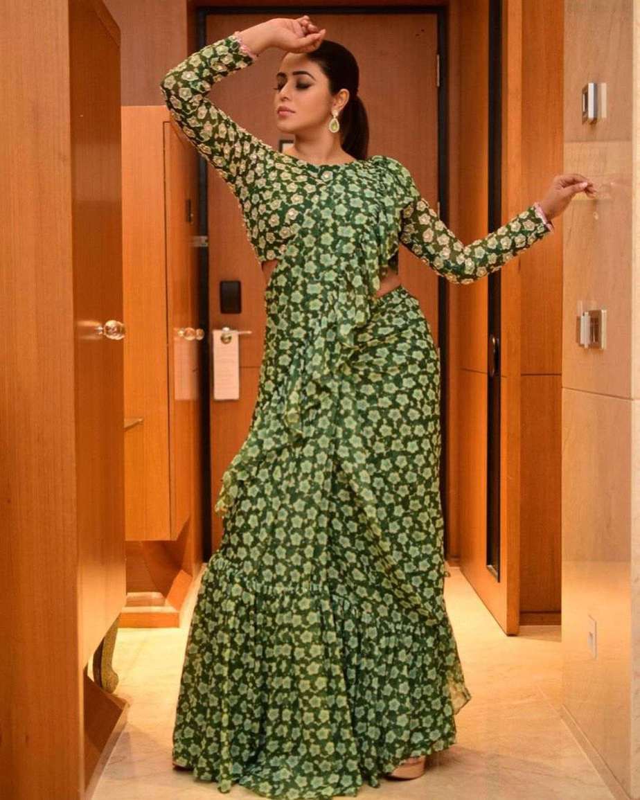 Purnaa in a green ruffle saree by seharre Purnaa in a green ruffle saree by seharre