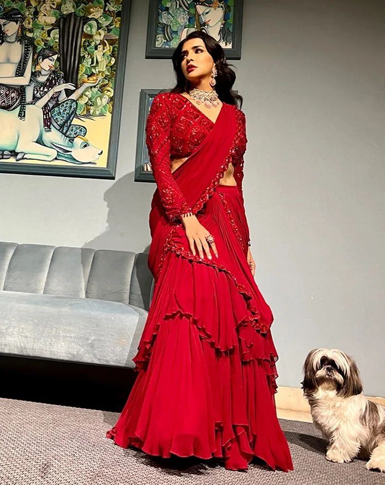 lakshmi manchu in red pre draped saree by nidhika shekhar lakshmi manchu in red pre draped saree by nidhika shekhar