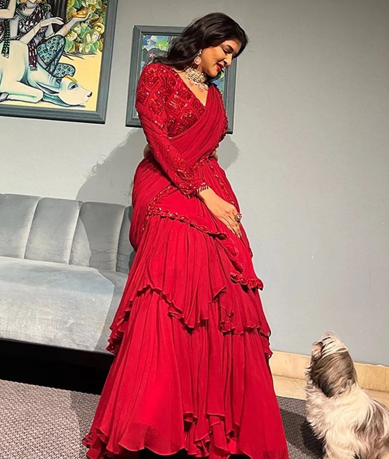 lakshmi manchu in red pre draped saree by nidhika shekhar2 lakshmi manchu in red pre draped saree by nidhika shekhar2