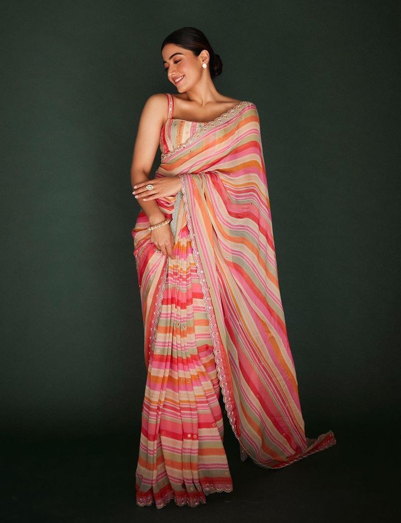 rashmika mandanna in a striped saree by chamee and palak for an event Rashmika Mandanna looks gorgeous in a dainty striped saree! Celebrity Sarees