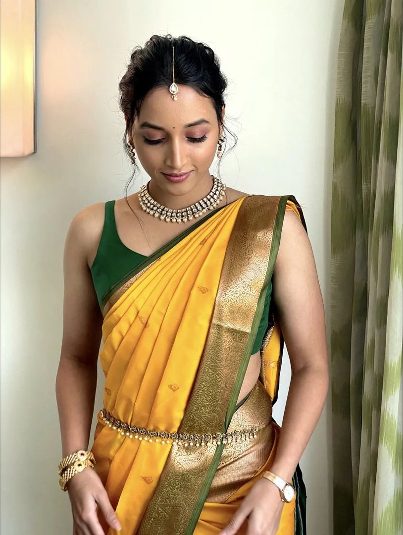 srinidhi shetty in a yellow silk saree at a wedding2 srinidhi shetty in a yellow silk saree at a wedding2