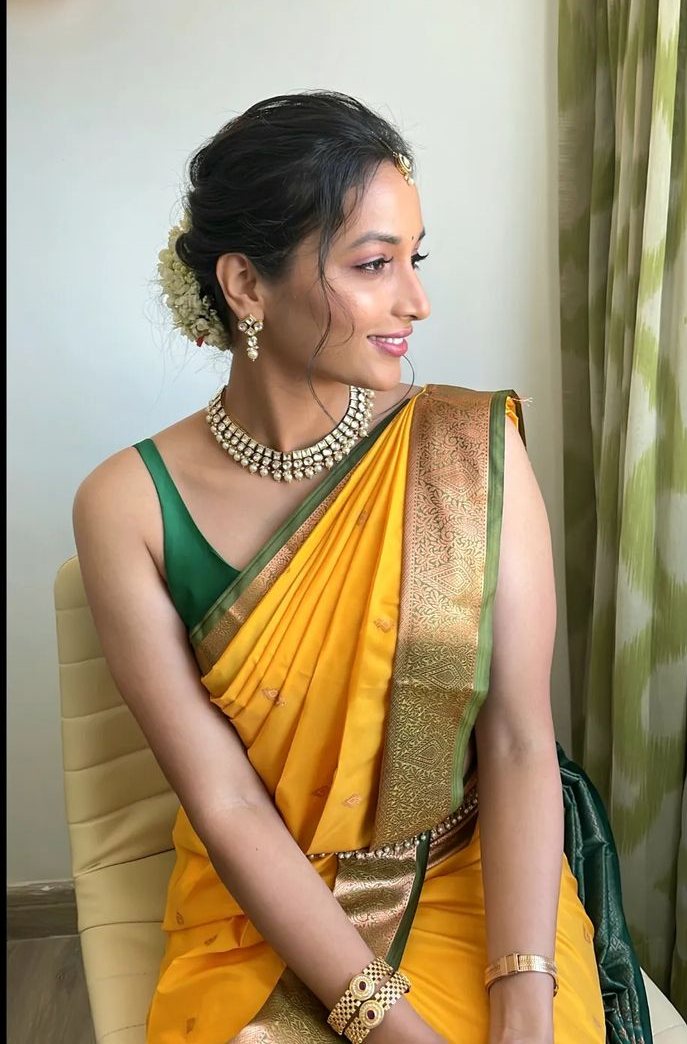 srinidhi shetty in a yellow silk saree at a wedding1 srinidhi shetty in a yellow silk saree at a wedding1