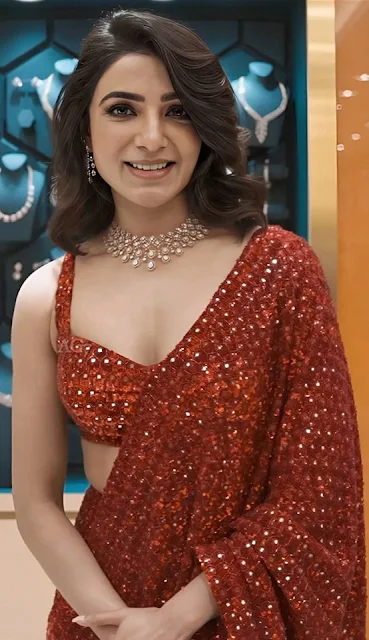 Samantha posing elegantly in a sleeveless saree.