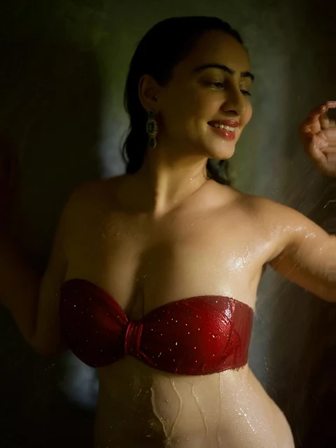 Megha Shukla hot pics in strapless red two-piece outfit