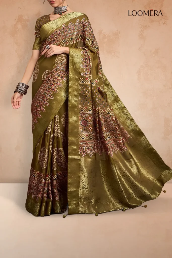 Olive green saree on wheatish Indian skin tone