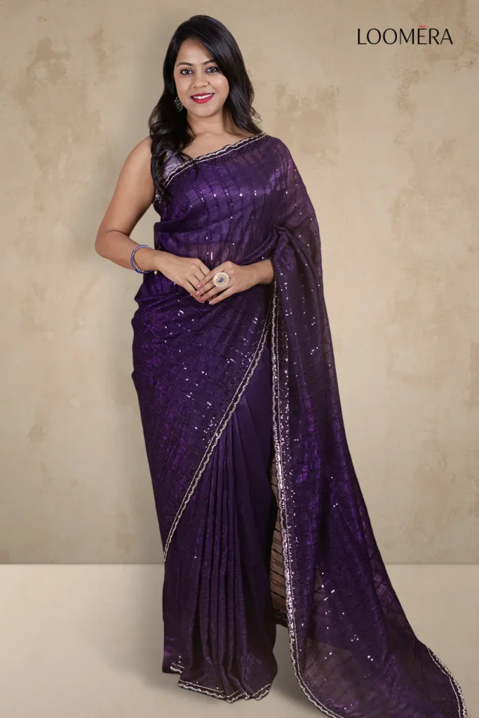Purple saree on dark Indian skin tone