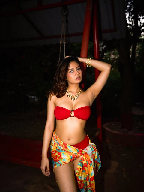 Srushti Bannatti in red bikini and floral sarong