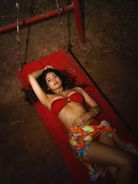 Srushti Bannatti in red bikini and floral sarong