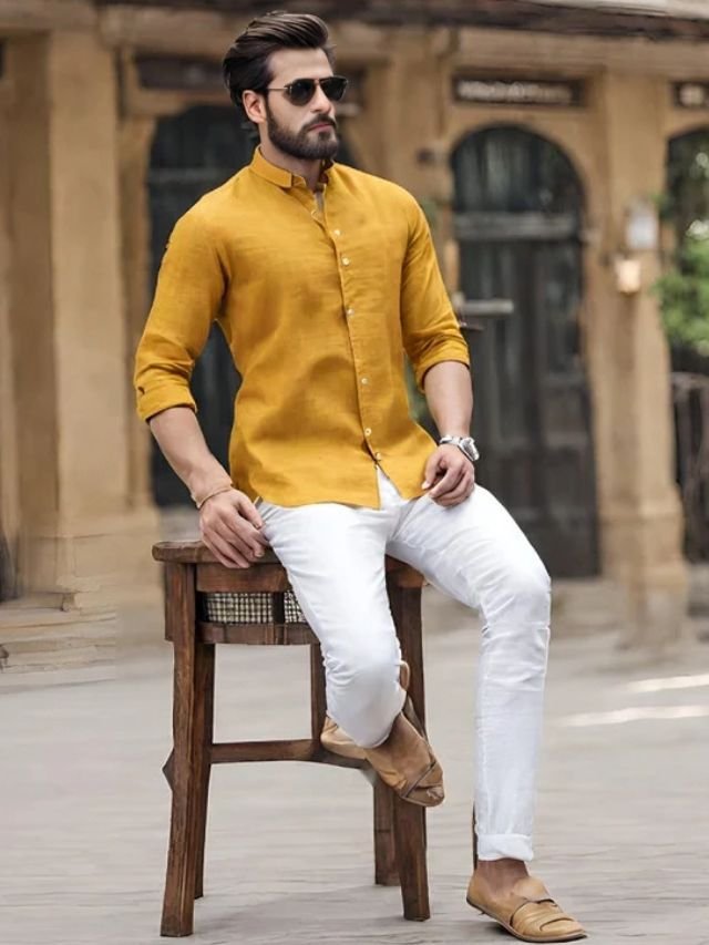 25+ Mens Shirt and Pant Combination Ideas for Every Age Group Mustard Yellow Shirt White Pant