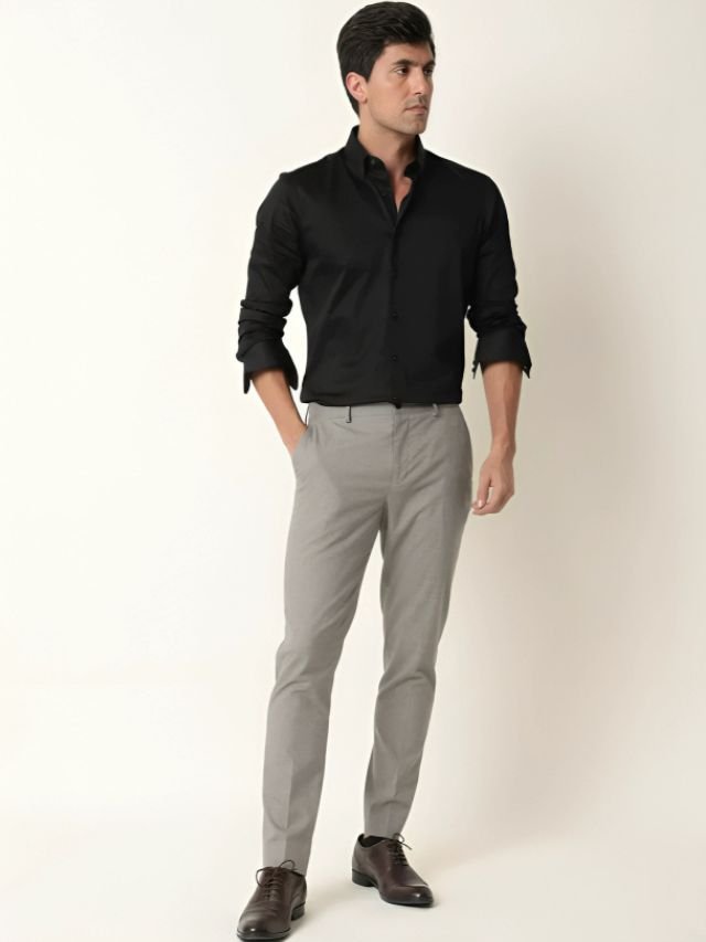 25+ Mens Shirt and Pant Combination Ideas for Every Age Group Black Shirt with Grey Pants