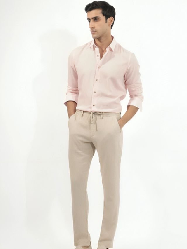 25+ Mens Shirt and Pant Combination Ideas for Every Age Group Light Pink Shirt and Cream Pants