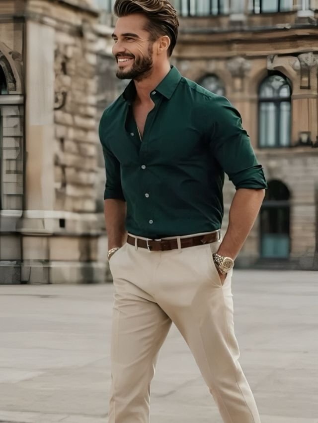 25+ Mens Shirt and Pant Combination Ideas for Every Age Group Dark Green Shirt and Beige Pants