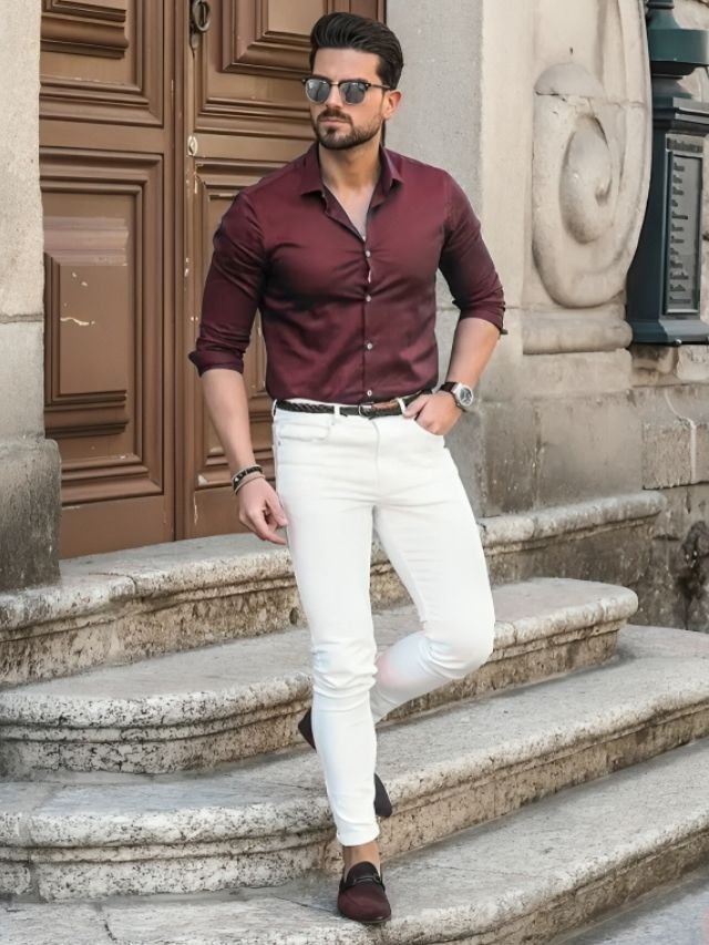 25+ Mens Shirt and Pant Combination Ideas for Every Age Group Maroon Shirt and White Pants