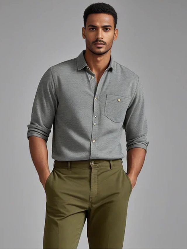 25+ Mens Shirt and Pant Combination Ideas for Every Age Group Grey Shirt and Olive Green Pants