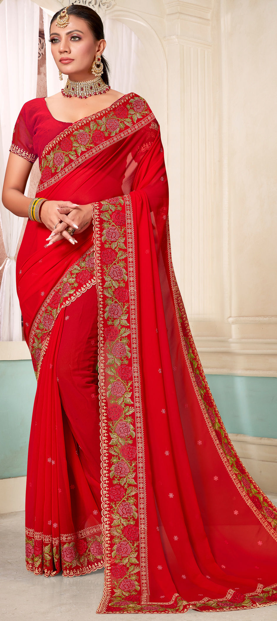 10 Types Of Indian Bridal Sarees Explained (With Prices) India Wedding Saree georgette-bridal-saree