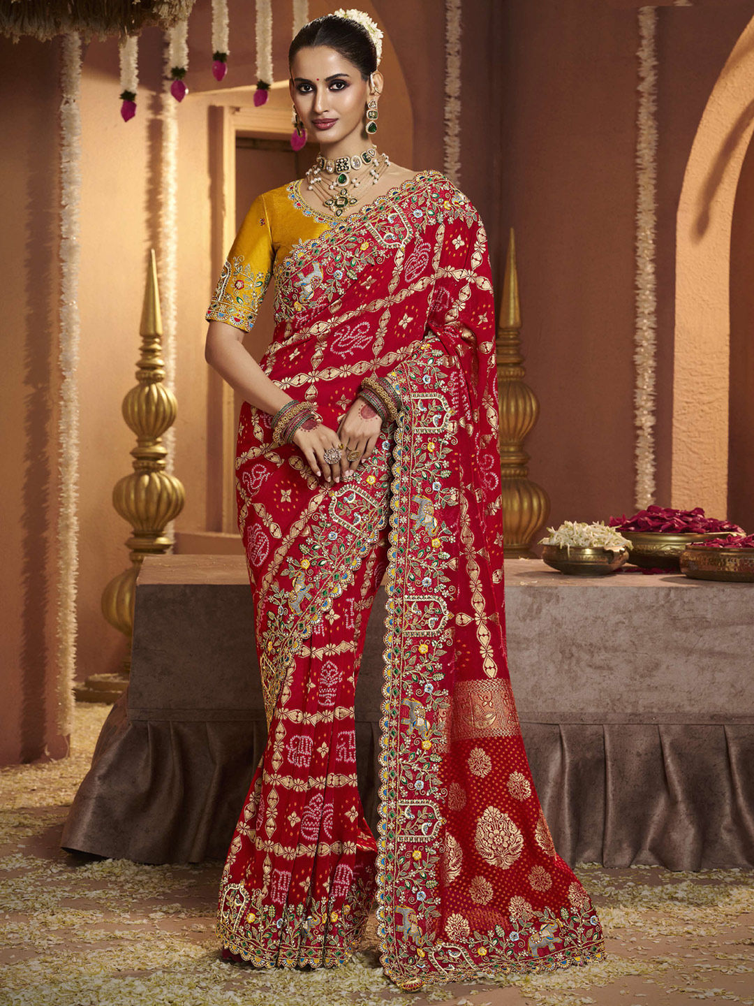 10 Types Of Indian Bridal Sarees Explained (With Prices) India Wedding Saree bandhani-bridal-saree