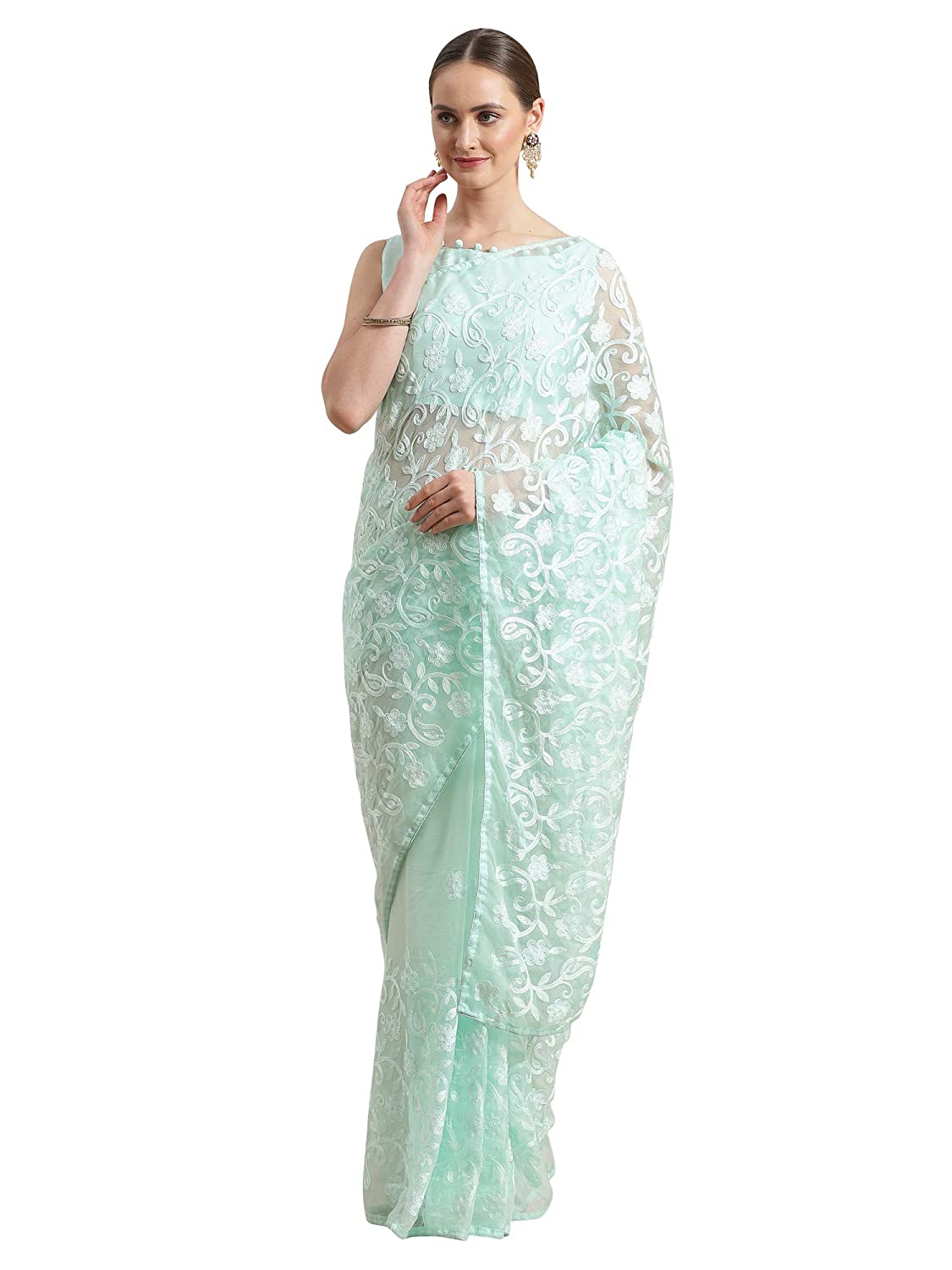 Embroidered Green Organza Saree Embroidered Green Organza Saree