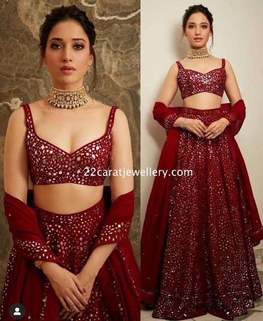 Tamannah in Shimmer Red Lehenga Sarees