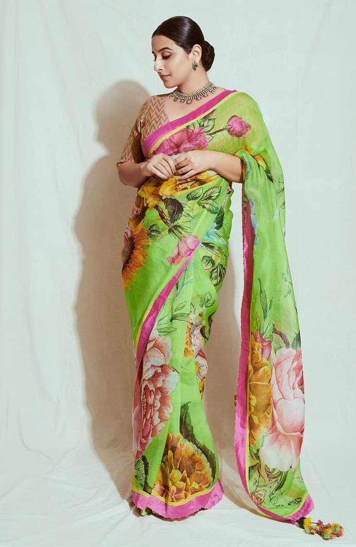 Vidya Balan proves she is a flower child in this green floral saree for “Sherni” promotions! Sarees