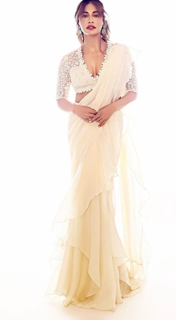 Chitrangda is a vision in a white pre-draped ruffle saree for a virtual event! How to style a pre draped saree