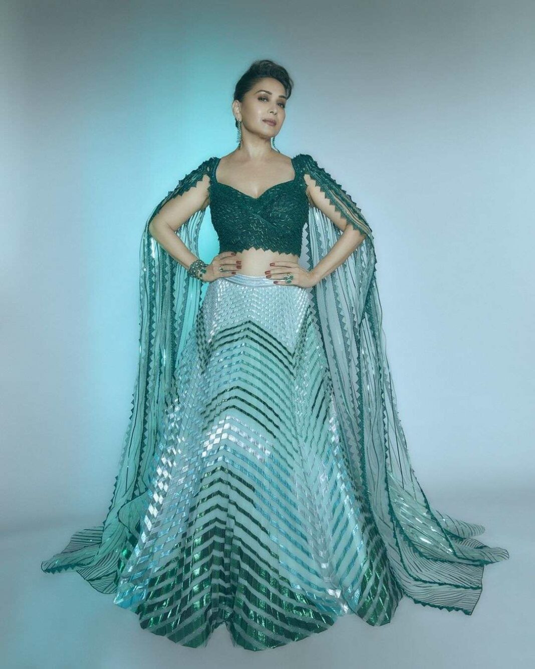 Madhuri-dixit-in-a-forest-green-lehenga-set-by-Amit-Aggarwal-for-dance-deewane-1068x1335