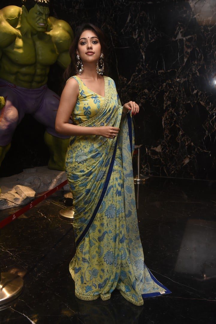 Anu Immanuel in a yellow floral saree at “Maha Samudram” trailer launch ! Anu Immanuel in a yellow floral saree at “Maha Samudram” trailer launch ! Celebrity Sarees