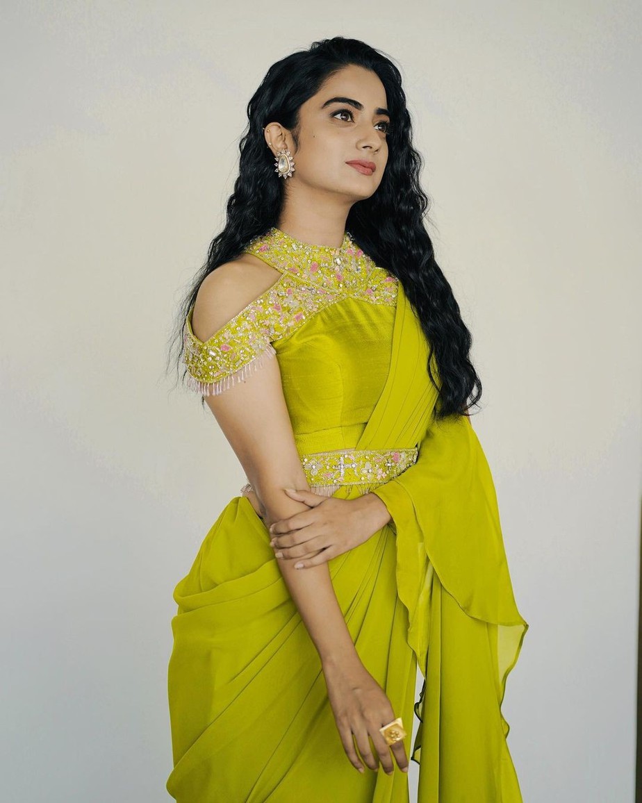 Namitha Pramod upped her style game in a neon green ruffle saree! Namitha pramod in a saree