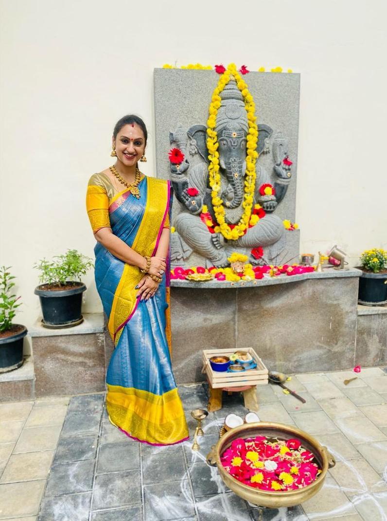 Pritha Hari dons a sky blue pattu saree for Ganesh Puja at her Wedding ceremony Corridor! Celebrity Sarees