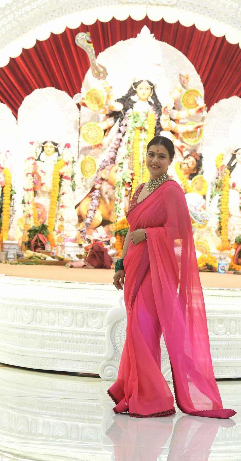Kajol looks stunning in a pink saree for Durga Puja celebrations! kajol