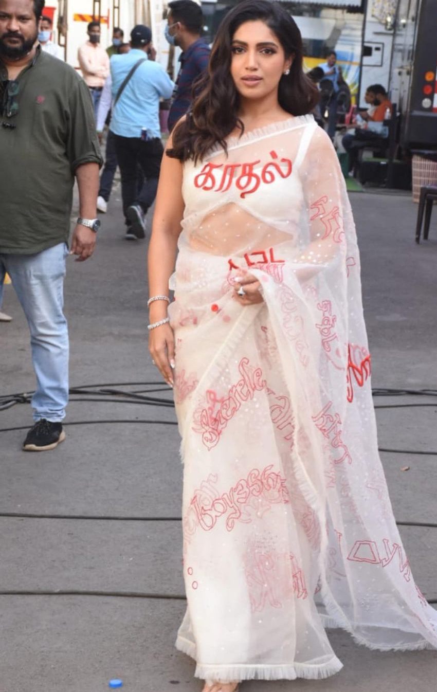 Bhumi Pednekar in an off-white saree for “Badhaai Do” promotions! Celebrity Sarees