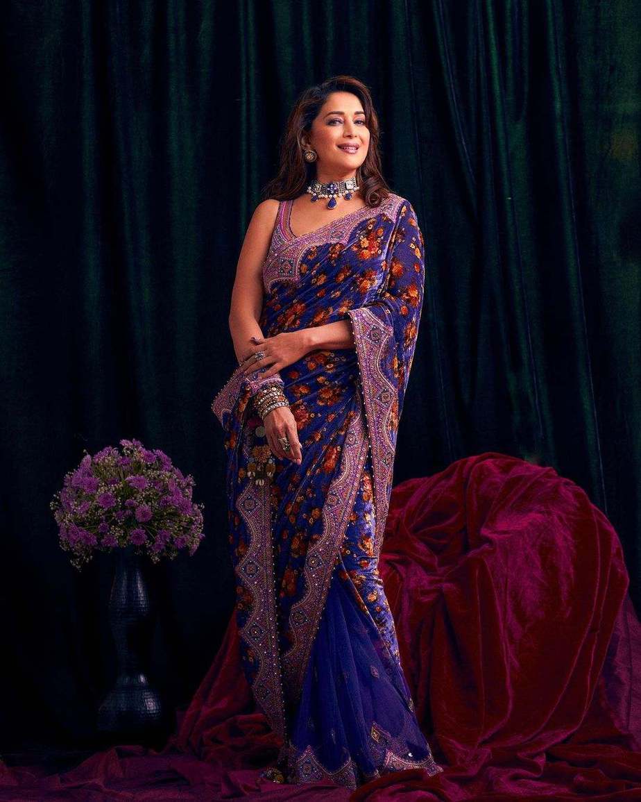 Madhuri Dixit is grace personified in a purple half and half saree! Madhuri Dixit