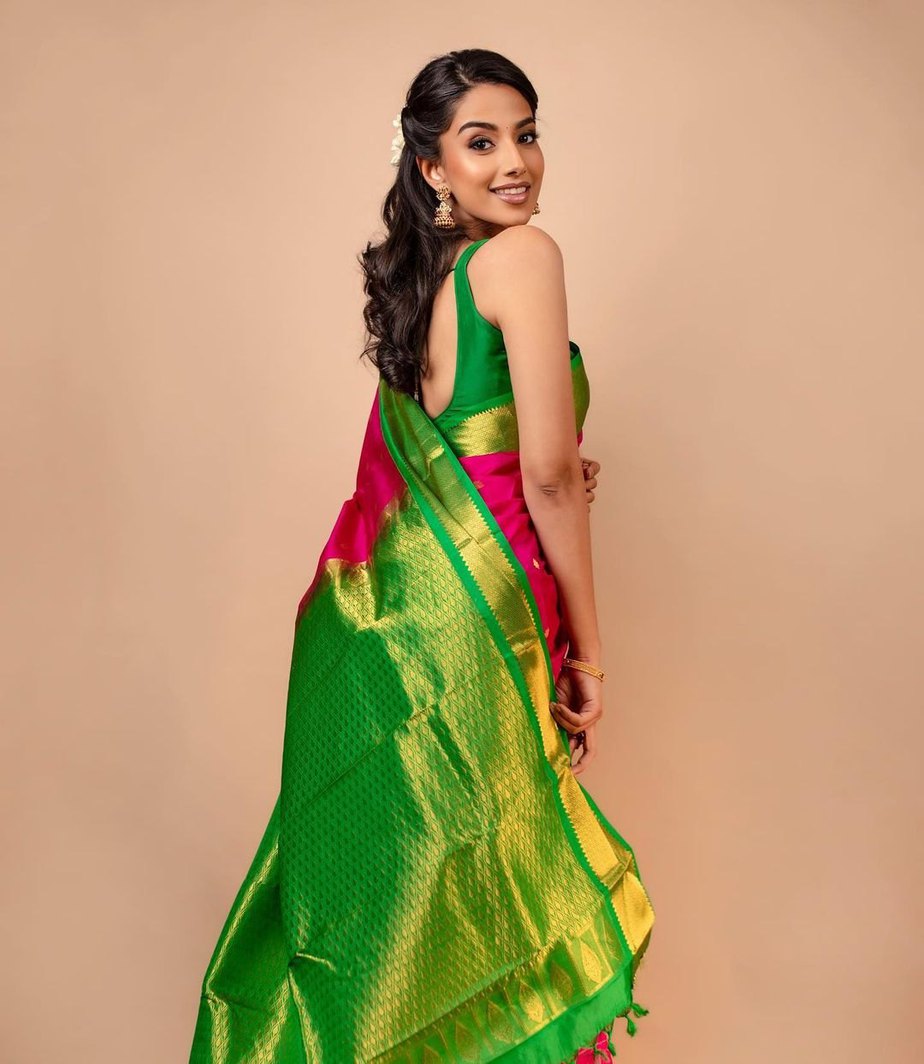 Meenakshi Chaudhary in a pink kanchipuram silk saree! Celebrity Sarees