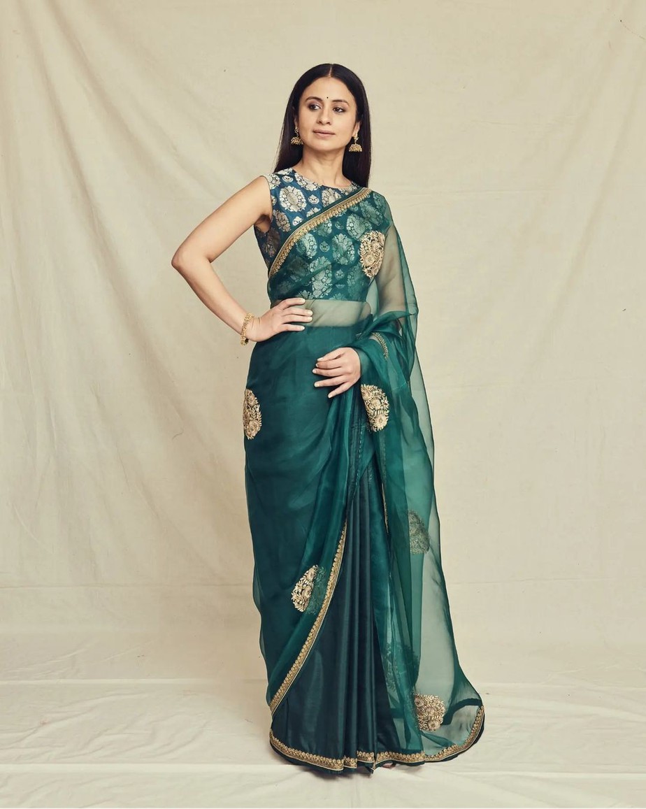 Rasika Dugal is a pretty wedding guest in a green organza saree! Raw Mango Sarees