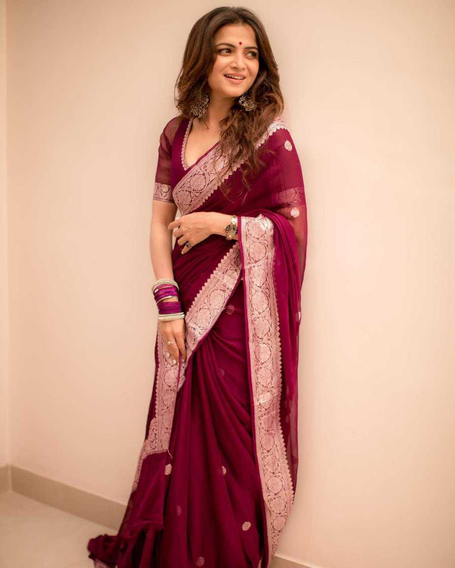 This maroon benarsi khaddi chiffon saree worn by DD Neelakandan is a closet must-have! Celebrity Sarees
