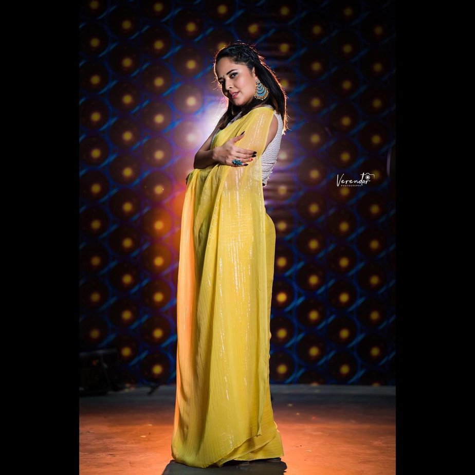 Anasuya Bharadwaj in a yellow saree for “Jabardasth!” Celebrity Sarees