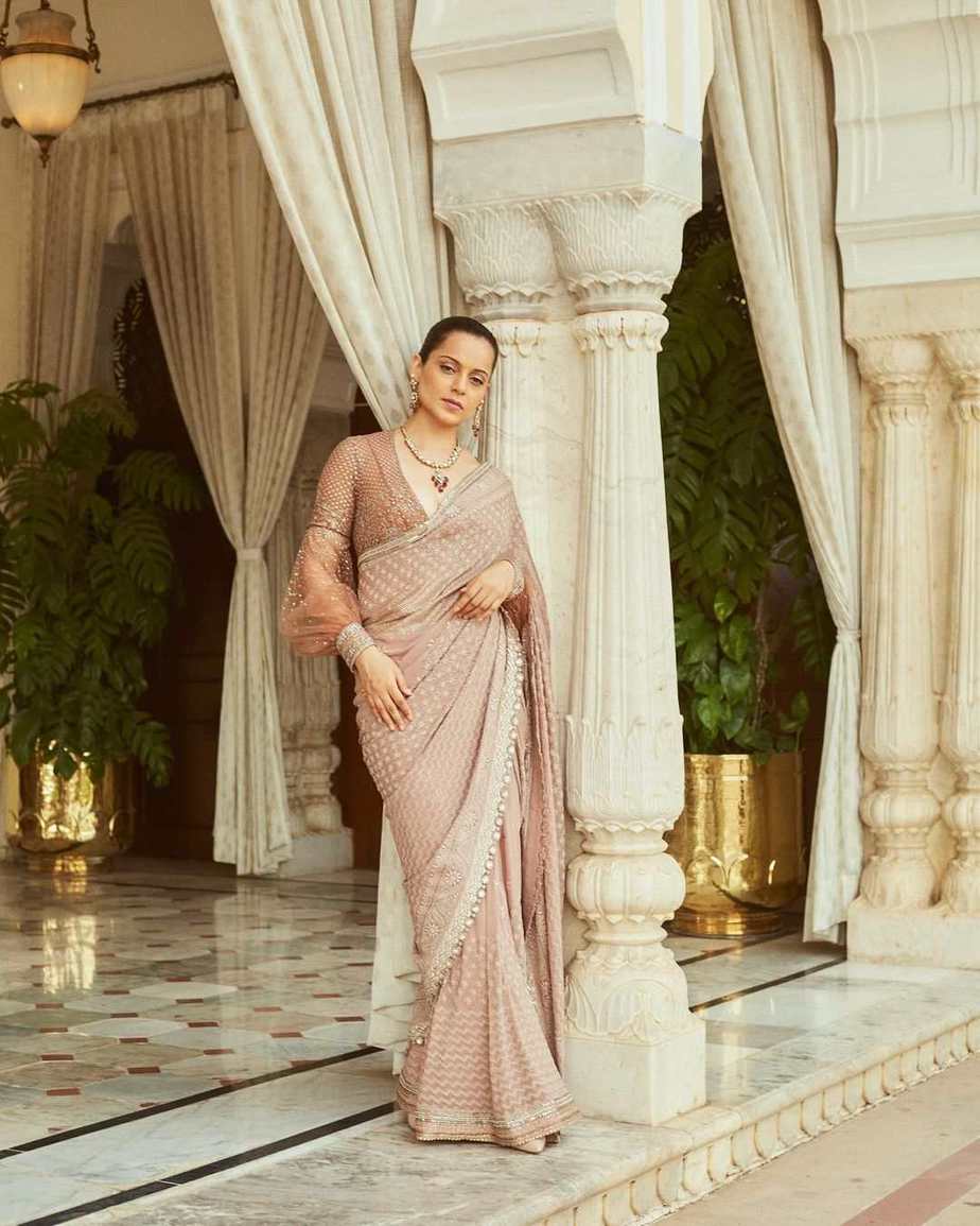 Kangana Ranaut looks exquisite in an ivory chikankari saree for song launch! kangana ranaut in a saree