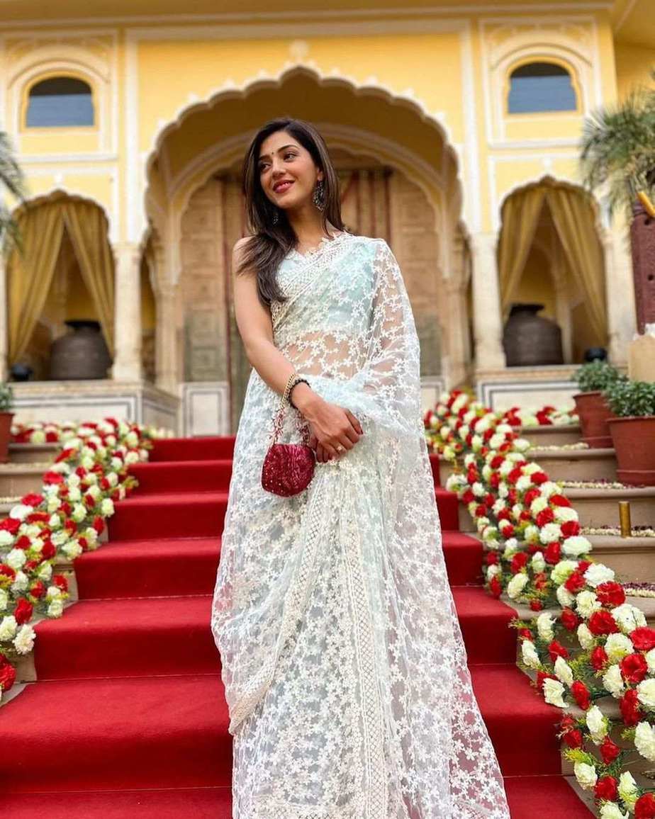 Mehreen Pirzada is a perfect summer wedding guest in a blue net saree! Mehreen pirzada in a saree