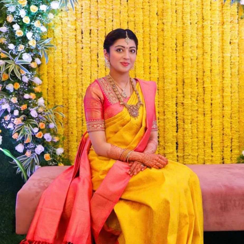 Pranitha Subash radiates in a yellow silk saree for her Seemantham! Pranitha Subash radiates in a yellow silk saree for her Seemantham! Celebrity Sarees
