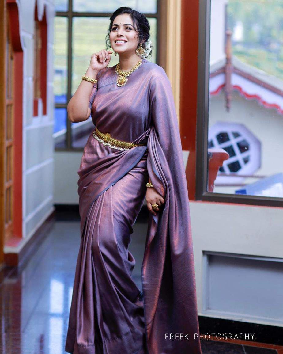 Purnaa in a lilac silk saree and traditional jewellery! Purnaa in a lilac silk saree and traditional jewellery! Purnaa in a saree