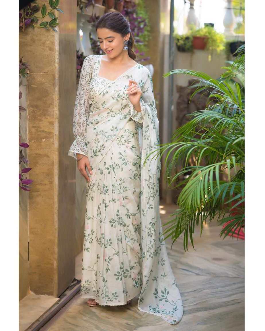 Rukshar Dhillon looks pretty in an ivory floral saree! Celebrity Sarees