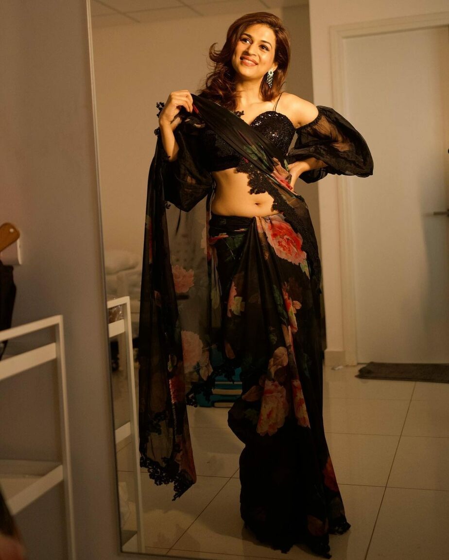 Shraddha Das’ latest look in a black floral saree! Celebrity Sarees