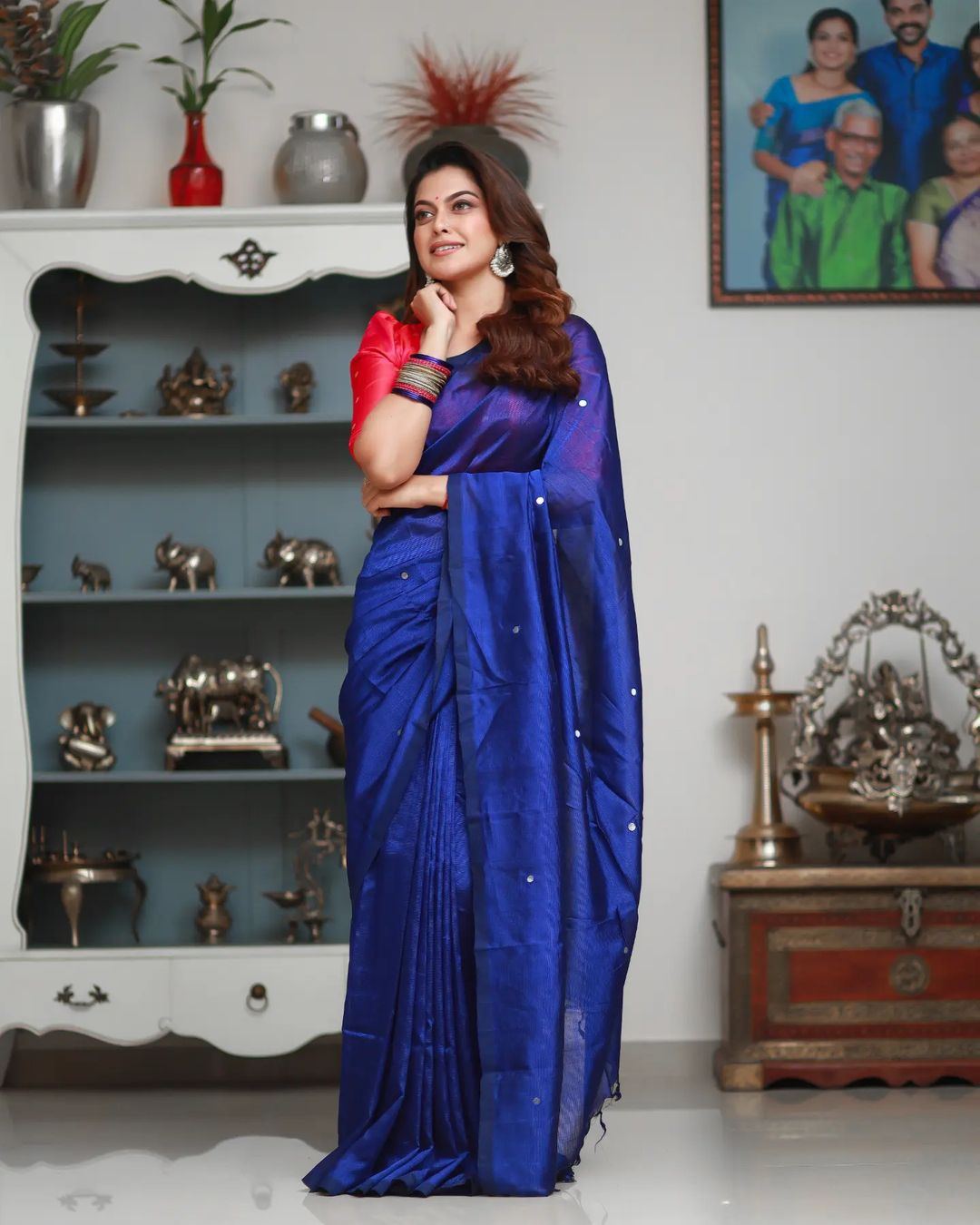 Anusree Nair in a blue mirror work saree! Anusree nair