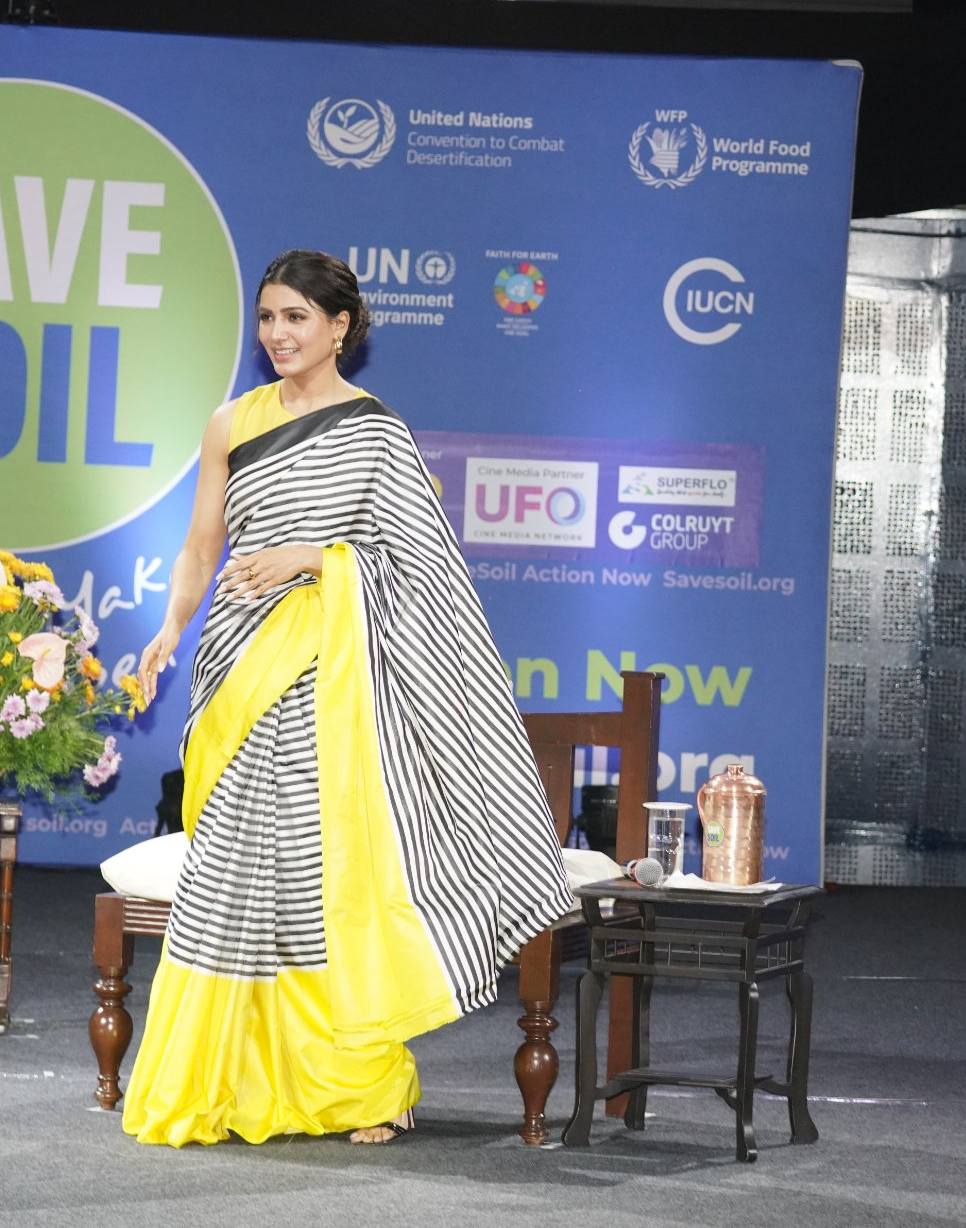 Samantha Prabhu in a striped saree at “Save the Soil” event ! Samantha Prabhu