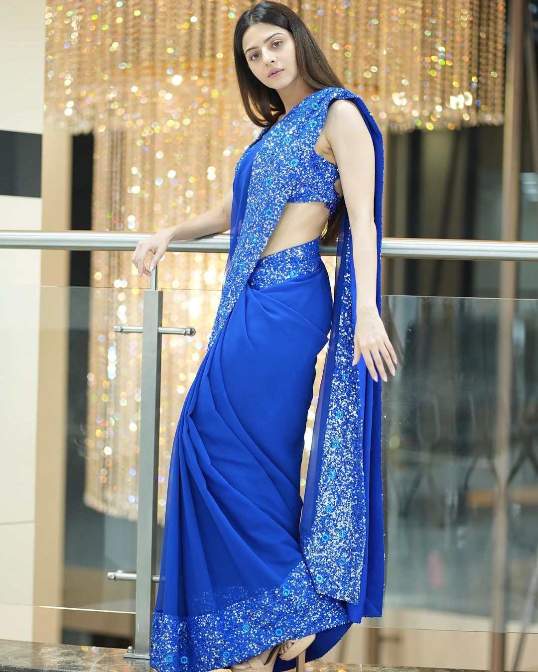 Vedhika dazzles in a blue sequinned saree for a movie launch! Celebrity Sarees