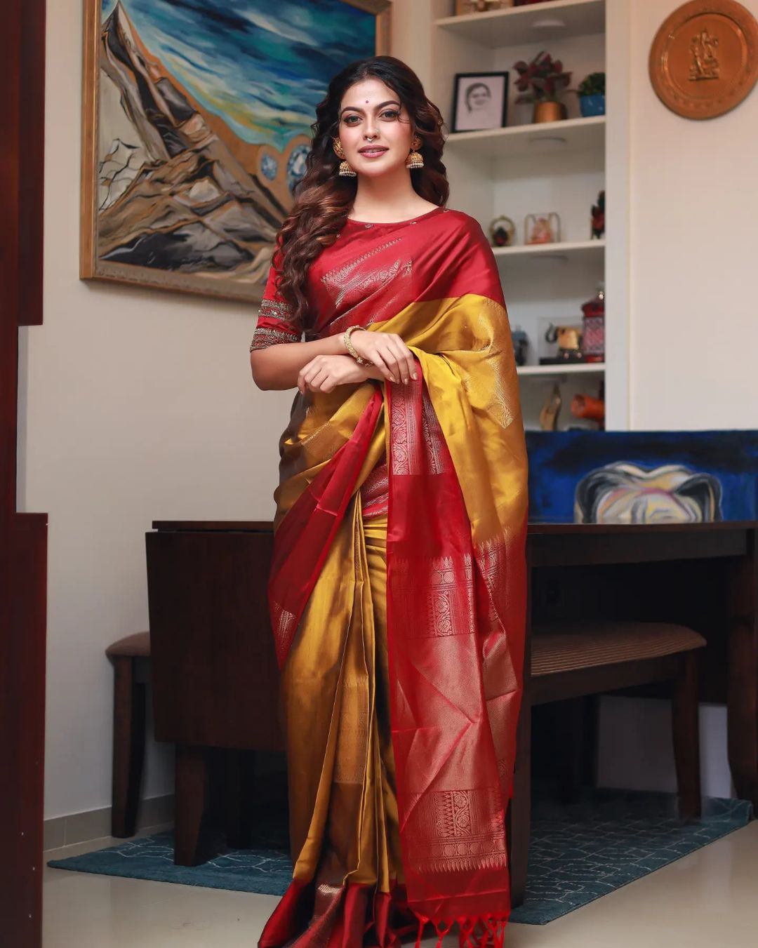 Anusree Nair in a mustard yellow silk saree! Anusree nair