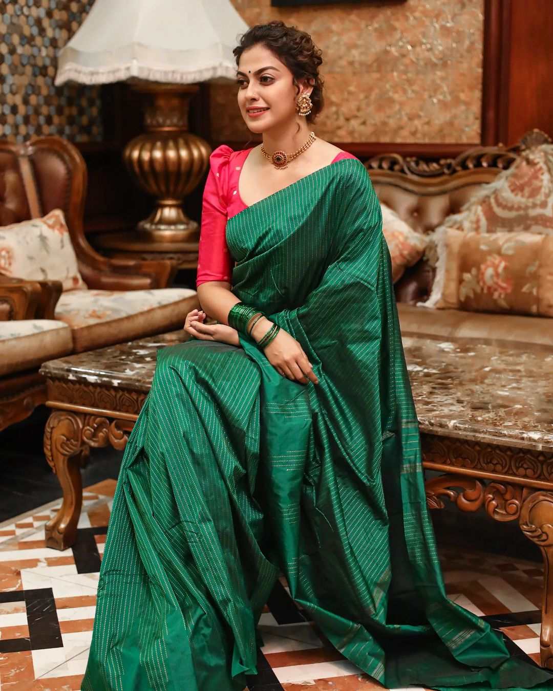 Anusree Nair’s regal look in a green silk saree and pink blouse! anusree nair in a silk saree